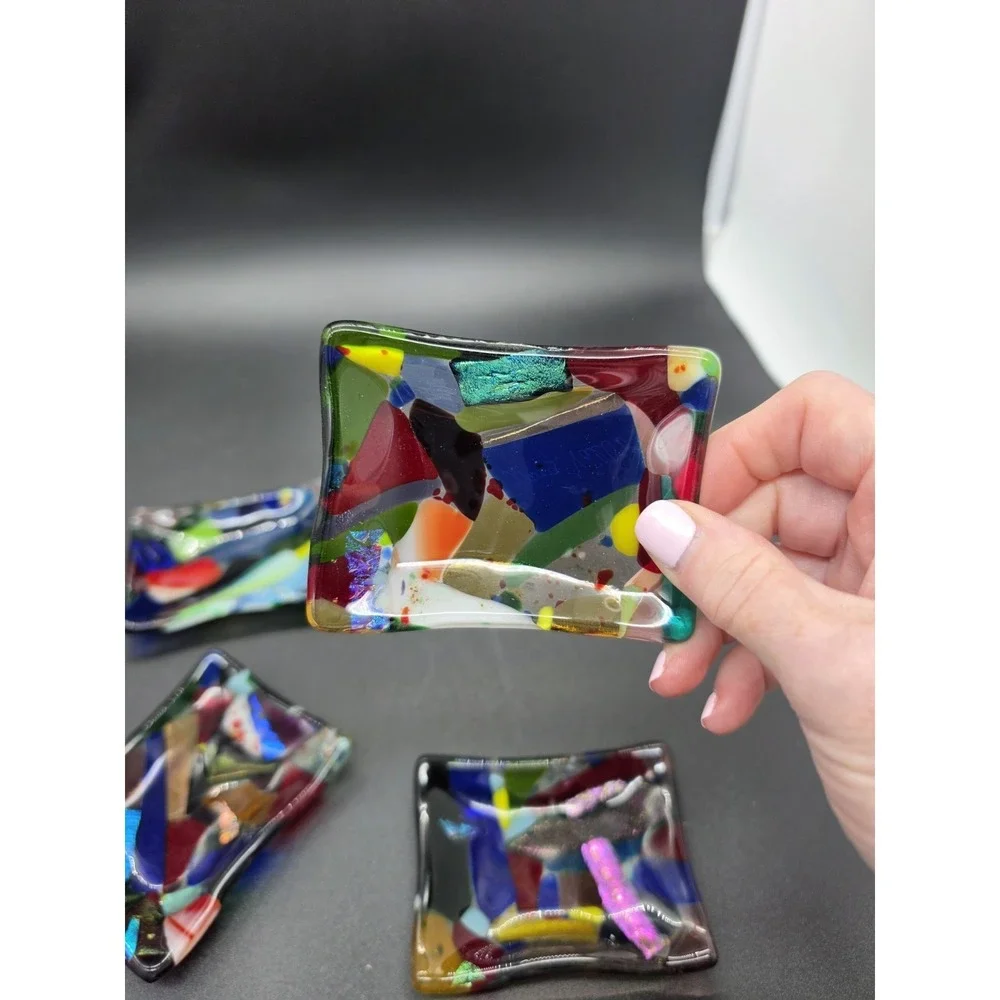 Set‎ Of 4 Frog Valley Fused Glass Dipping Dish Trinket/Ring Tray Signed Mosaic